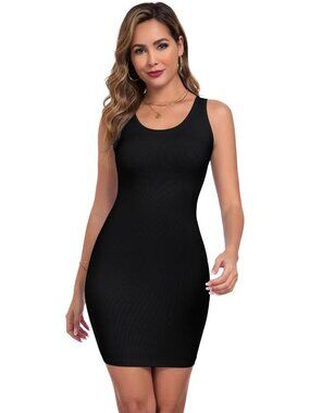 Women's Black Summer Tank Dress Ribbed Crew s Basic Bodycon Sleeve Mini Dress